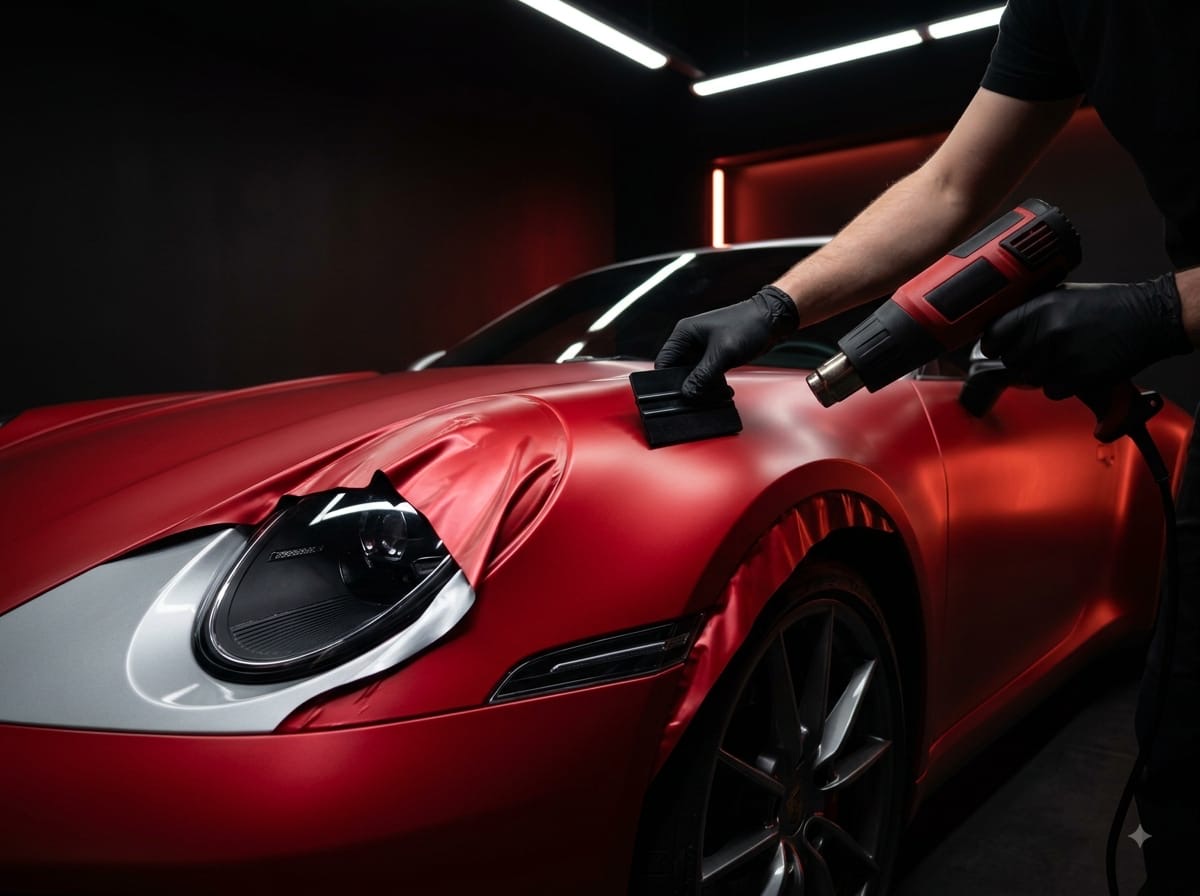Satin red vinyl wrap installation on a sports car in Danbury, CT